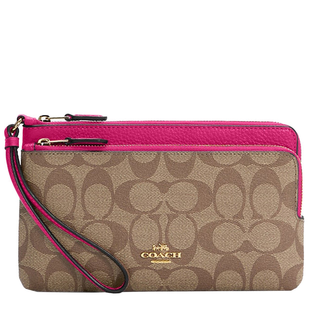 ココ Buy Coach Double Zip Wallet In Signature Canvas in Khaki/ Cerise