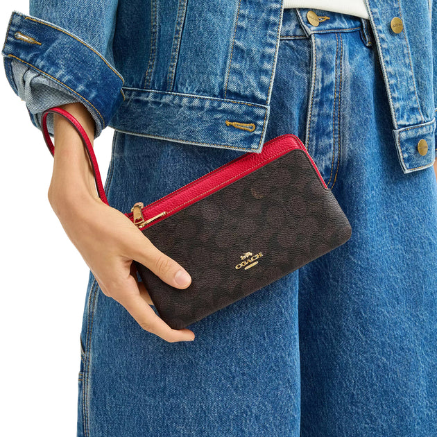 Buy Coach Double Zip Wallet In Signature Canvas in Walnut/ Bold