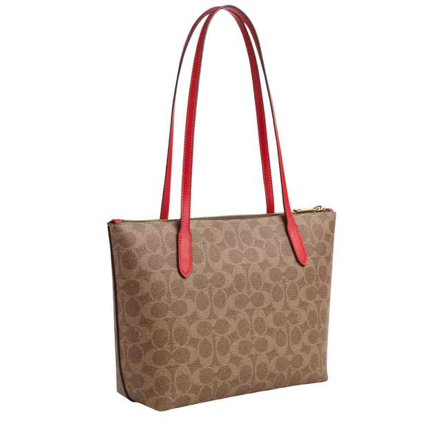 Coach Fiona Zip Tote Bag In Signature Canvas - Tan/ Carnation