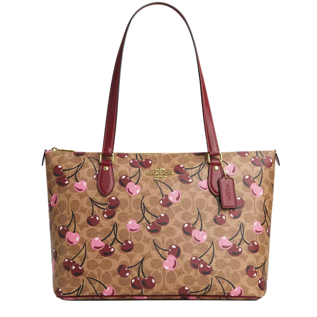 Coach Gallery Tote Bag In Signature Canvas With Cherry Print in Tan Multi  CAA71