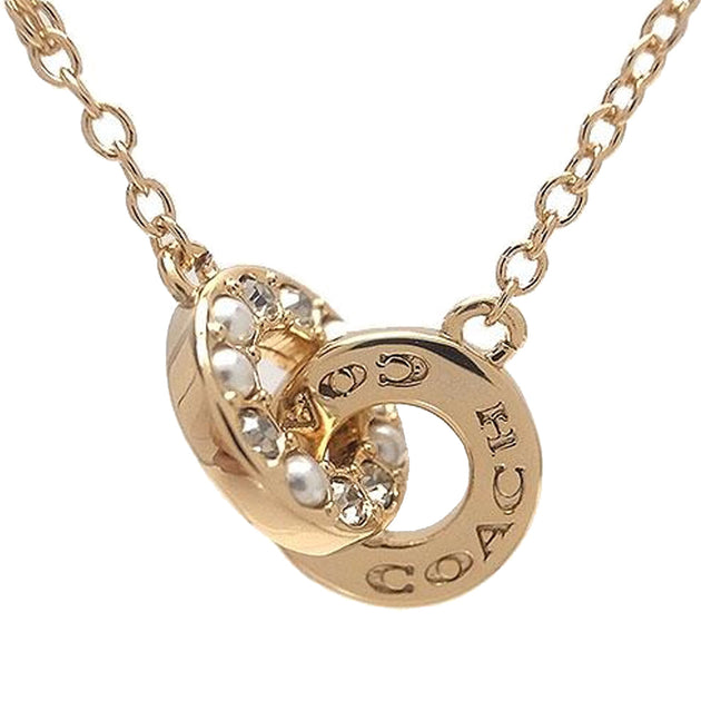 Coach Interlocking Open Circle Pearl Pendant Necklace in Gold/ Pearl CO233