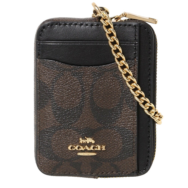 Coach Signature Zip Card Case C0058 Brown Black Wallet Leather