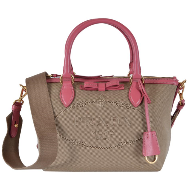 Prada 1BA111 Logo Jacquard with Leather Trim Satchel Bag