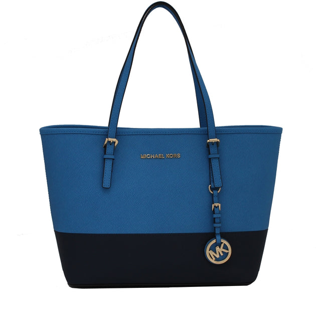 Michael Kors Jet Set Travel Saffiano Leather Small Colour Block Tote Bag Heritage Blue Navy