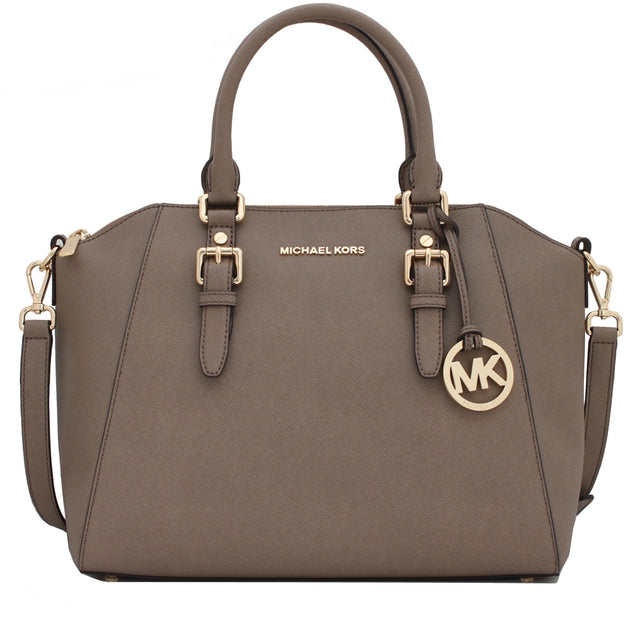 Michael Kors Bedford Large Top Zip Saffiano Leather Satchel Bag Dark Dune