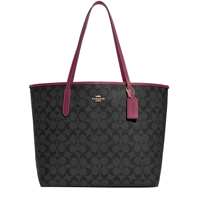 Coach City Tote Bag In Signature Canvas in Graphite/ Black Cherry