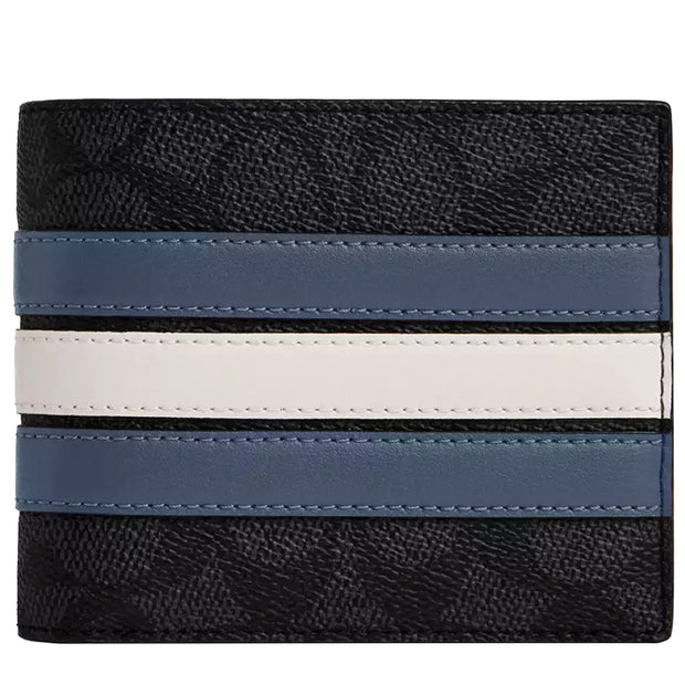 Front View of Coach 3 In 1 Wallet In Signature Canvas With Varsity Stripe - Charcoal/ Denim/ Chalk CW385