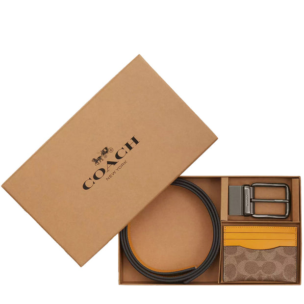 Front View of Coach Boxed Card Case And Belt Set In Signature Canvas - Tan/ Buttercup CW351
