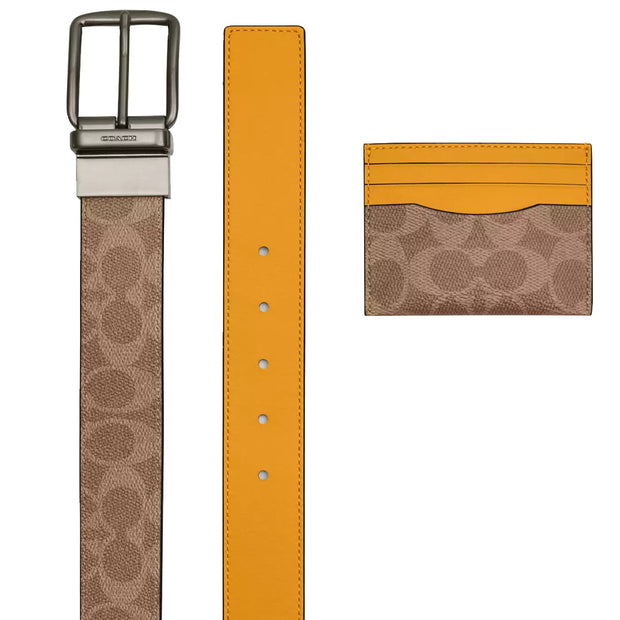 Front View of Coach Boxed Card Case And Belt Set In Signature Canvas - Tan/ Buttercup CW351