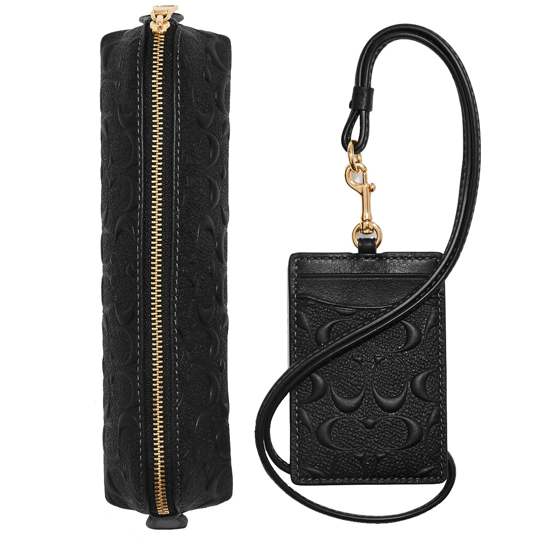 Coach Boxed Pencil Case And Id Lanyard Set In Signature Leather in Bla
