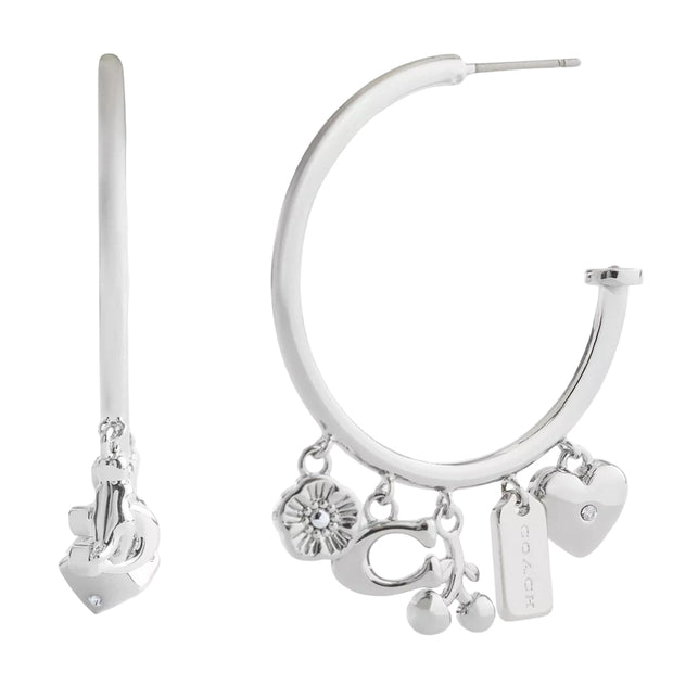 Front View of Coach Butterfly And Rexy Charm Hoop Earrings - Silver CCU68