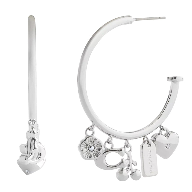 Front View of Coach Butterfly And Rexy Charm Hoop Earrings - Silver CCU68