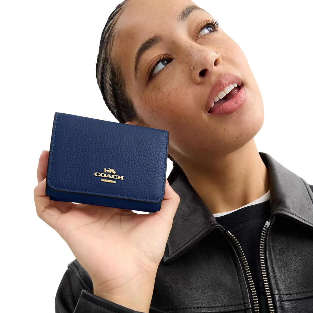 Coach Card Holder Wallet In Signature Canvas in Tan/ Deep Blue