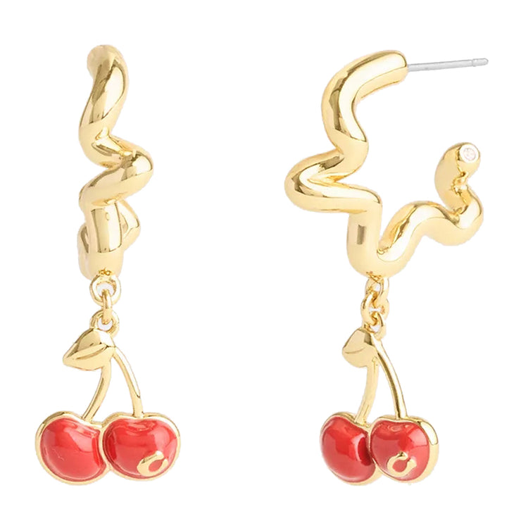 Front View of Coach Cherry Wavy Huggie Earrings - Red CAA16
