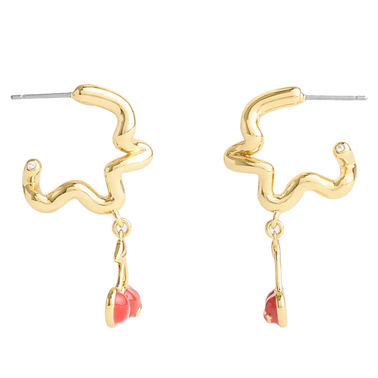 Side View of Coach Cherry Wavy Huggie Earrings - Red CAA16