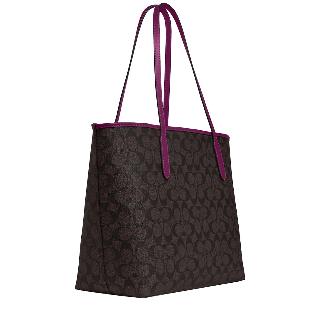 Coach City Tote Bag In Signature Canvas in Brown/ Dark Magenta