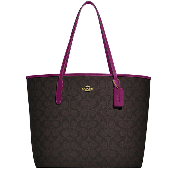 Coach City Tote Bag In Signature Canvas in Brown/ Dark Magenta 5696