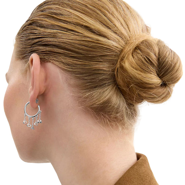 Model Wearing Coach Charm Hoop Earrings - Silver CBW16