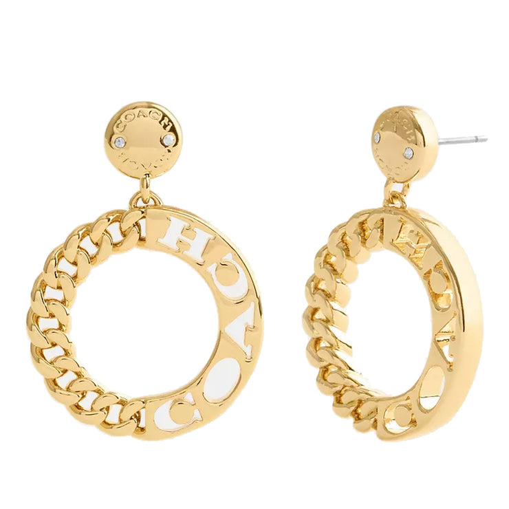 Front View of Coach Rivet Chain Drop Earrings- Gold CBW11