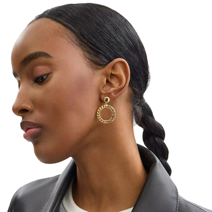 Model Wearing Coach Rivet Chain Drop Earrings- Gold CBW11