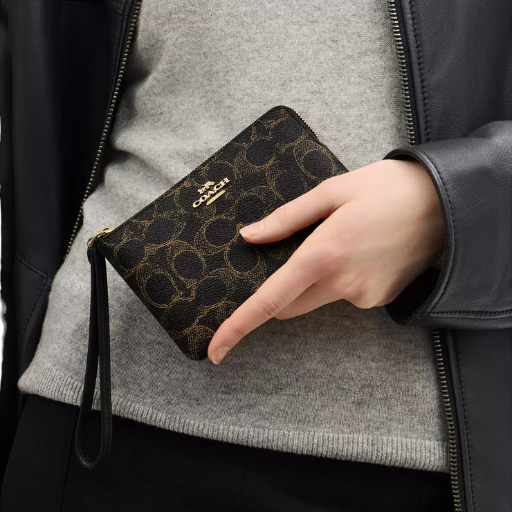 ポケットコルネット ブラック ゴールド Coach Corner Zip Wristlet In Loved Signature Canvas - Brown CEF78