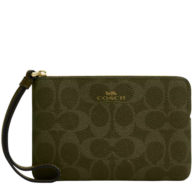 Front View of Coach Corner Zip Wristlet In Signature Canvas - Olive CAQ75