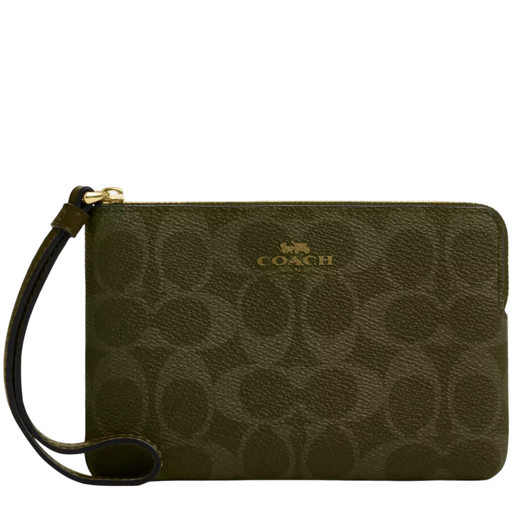 Front View of Coach Corner Zip Wristlet In Signature Canvas - Olive CAQ75