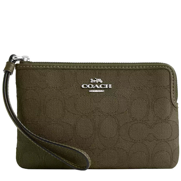 Front View of Coach Corner Zip Wristlet In Signature Jacquard - Olive Drab/ Olive Drab CW862