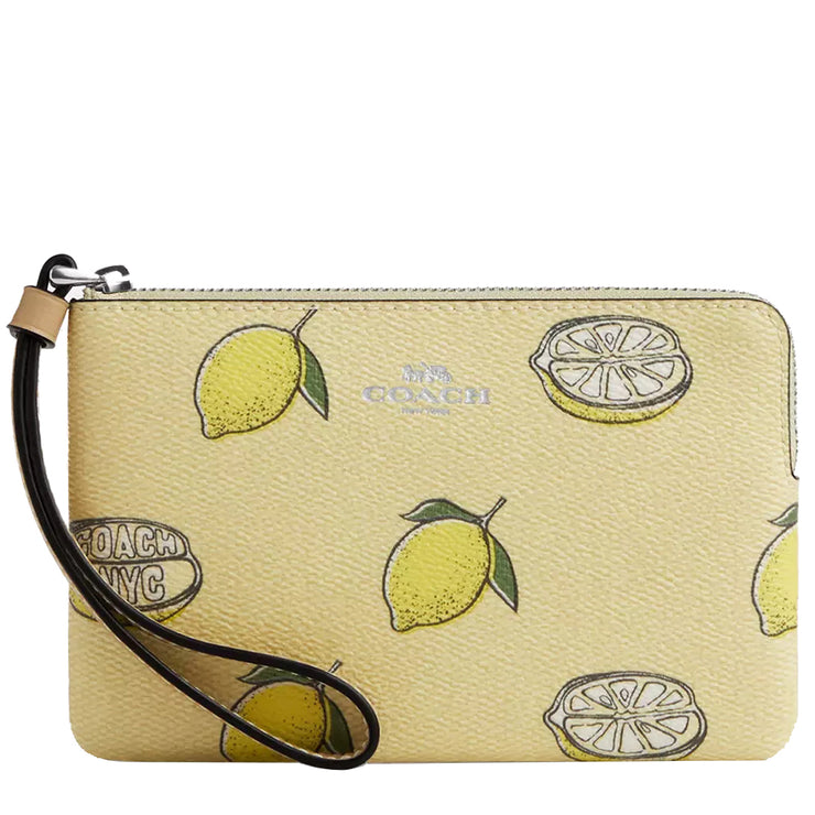 Front View of Coach Corner Zip Wristlet with Lemon Print - Garden Glade Multi CBB80