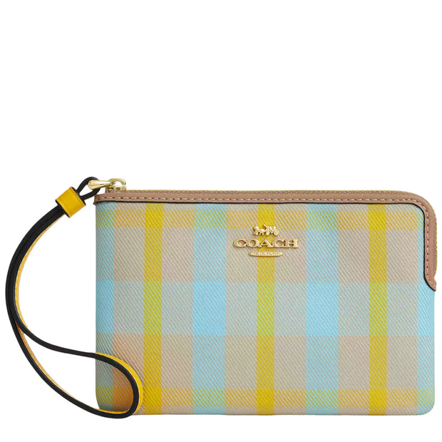 Front View of Coach Corner Zip Wristlet With Plaid Print - Bright Maize Multi CBP18