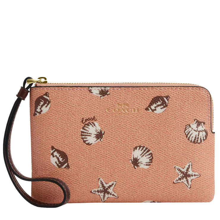 Front View of Coach Corner Zip Wristlet with Shell Print - Coral/ Maple CBP23