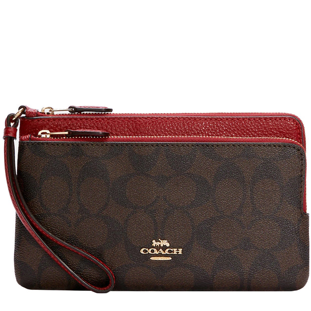 Coach Double Zip Wallet In Signature Canvas in Brown/ 1941 Red c5576