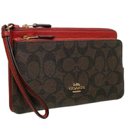 Coach Double Zip Wallet In Signature Canvas in Brown/ 1941 Red c5576
