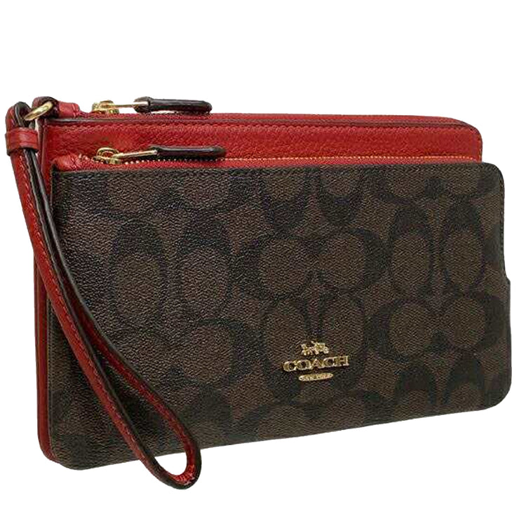 COACH Double Zip Wallet in Signature Canvas, IM/Brown 1941 Red