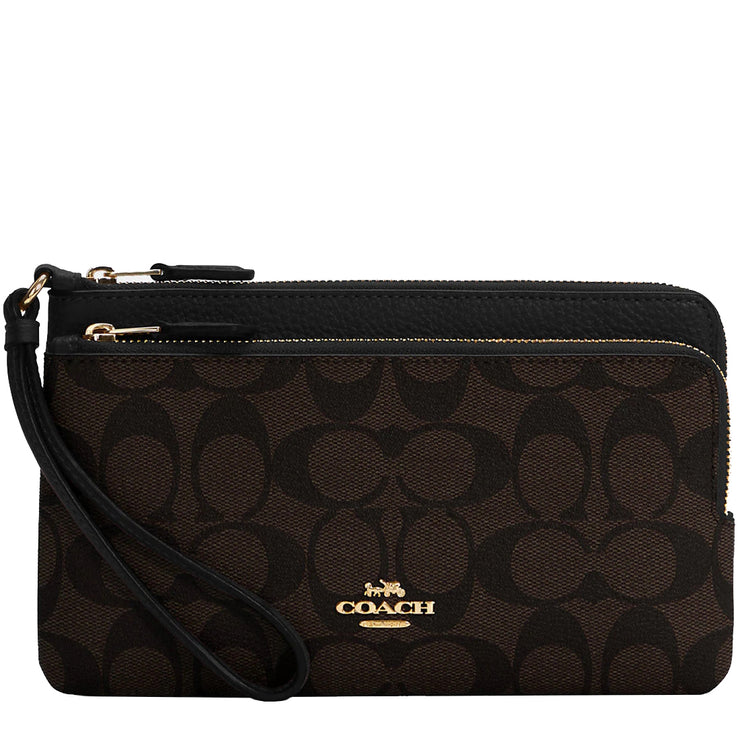 Coach Double Zip Wallet In Signature Canvas in Brown/ Black c5576