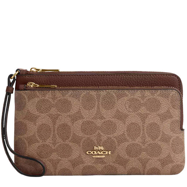 Front View of Coach Double Zip Wallet In Signature Canvas - Tan/ Brown CX161