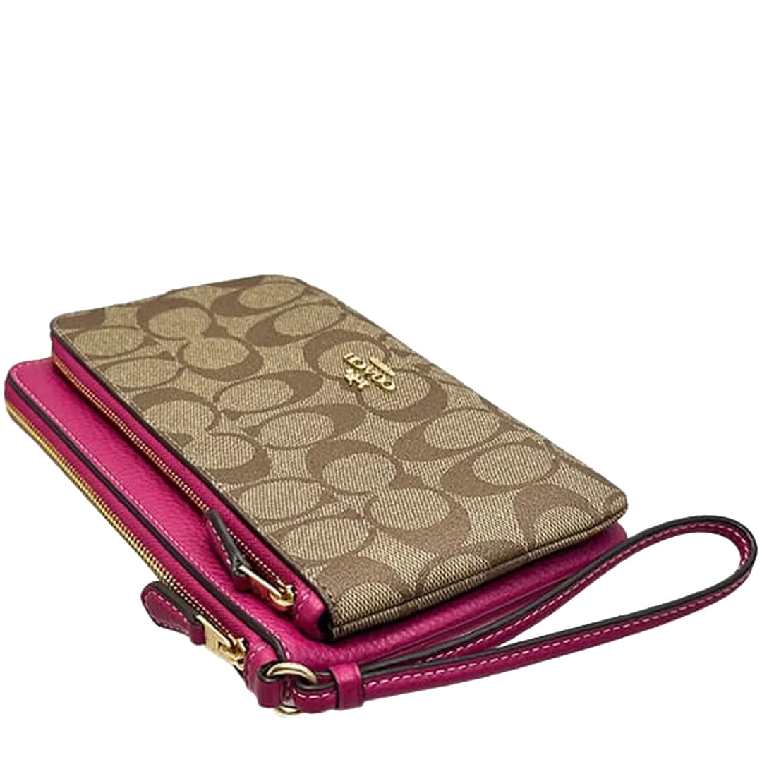 ココ Buy Coach Double Zip Wallet In Signature Canvas in Khaki/ Cerise