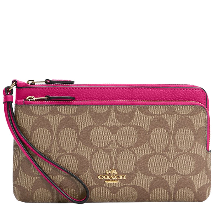 Buy Coach Double Zip Wallet In Signature Canvas in Khaki/ Cerise c5576 Online in Singapore | PinkOrchard.com
