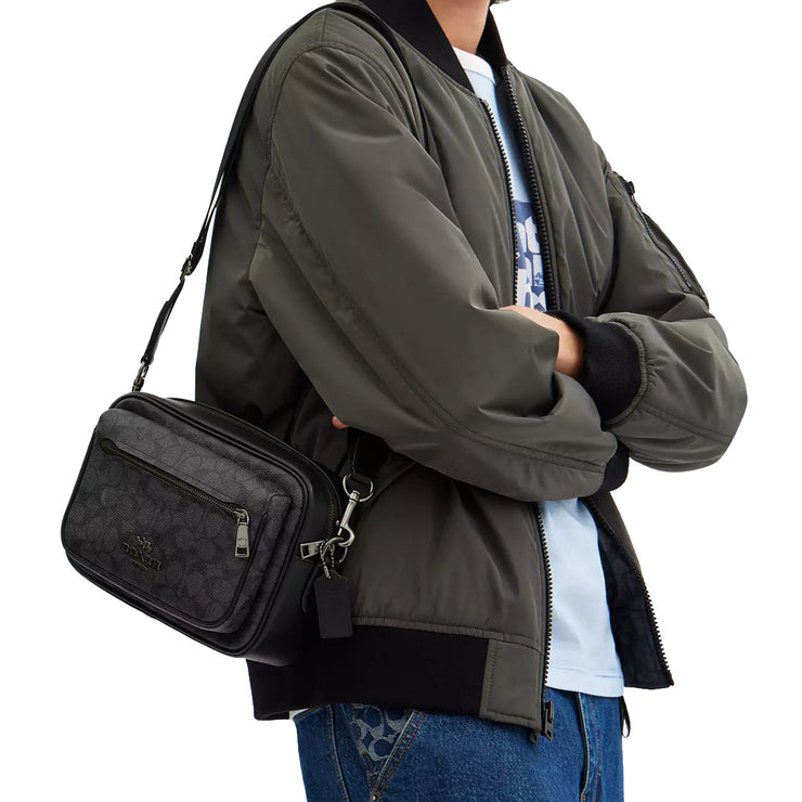 Model Wearing Coach Elias Crossbody Bag In Signature Canvas - Charcoal/ Black CZ401