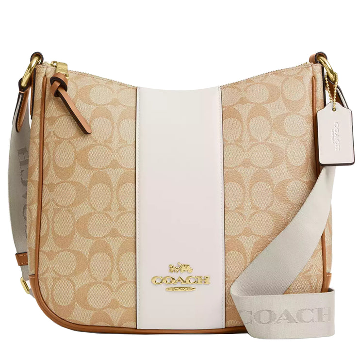 Coach Ellie File Bag In Signature Canvas With Stripe in Light Khaki/ Chalk Lt Saddle CR124