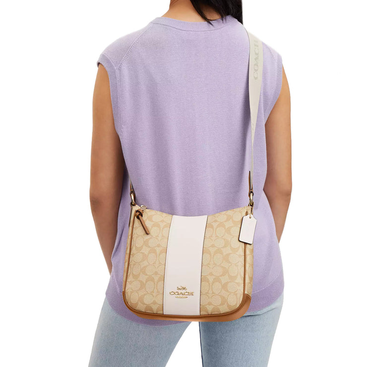 Coach Ellie File Bag In Signature Canvas With Stripe in Light Khaki/ Chalk Lt Saddle CR124