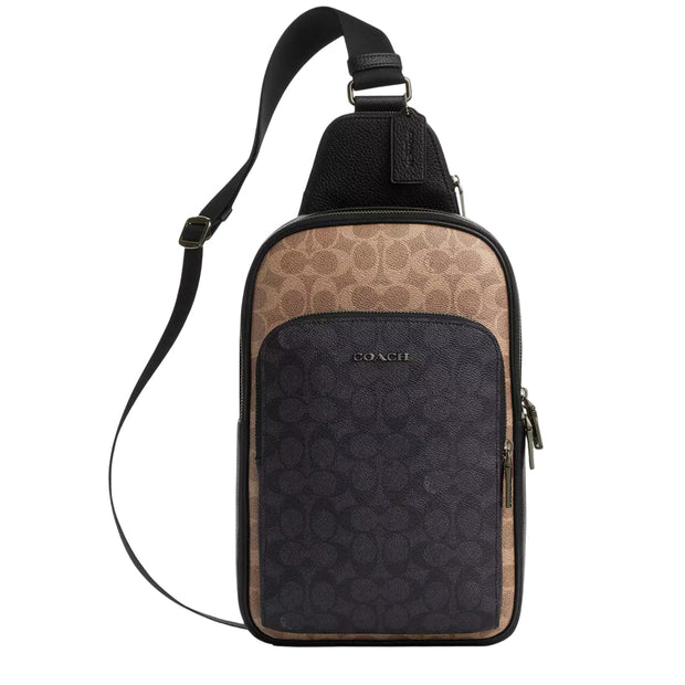 Front View of Coach Ethan Pack Bag In Blocked Signature Canvas Bag - Tan/ Charcoal/ Black CZ394