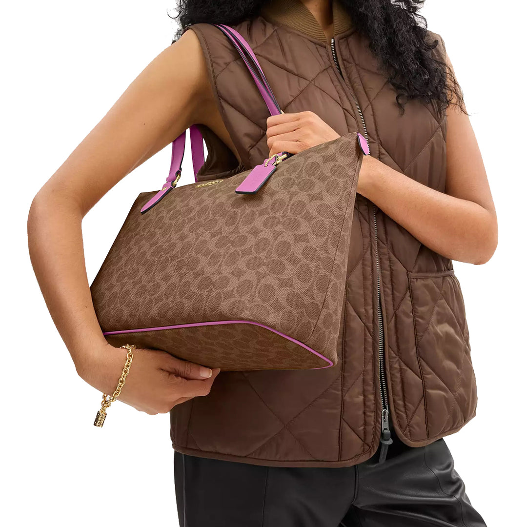 Buy Coach Gallery Tote Bag In Signature Canvas in Tan/ Fuschia