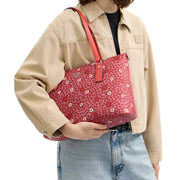 Model Wearing Coach Gallery Tote Bag With Floral Print - Pink Multi CBM19
