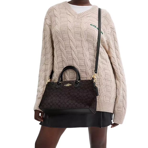 Model Wearing Coach Georgia Satchel Bag In Signature Canvas - Walnut/ Black CW422