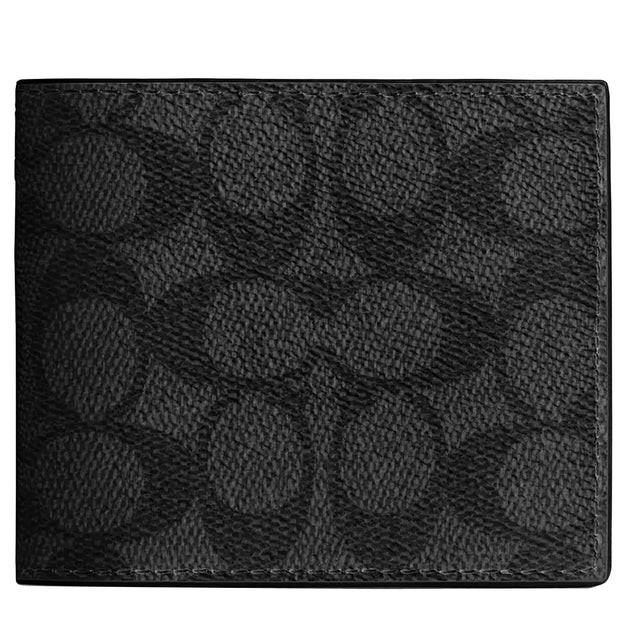 Front View of Coach Id Billfold Wallet In Signature Canvas - Charcoal/ Black CY394