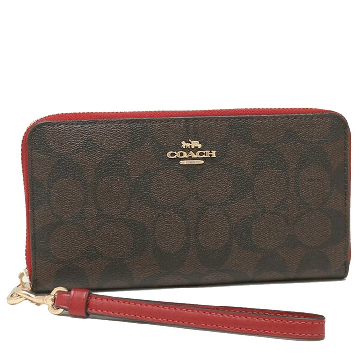 Coach Long Zip Around Wallet In Signature Canvas in Brown/ 1941 Red C4452