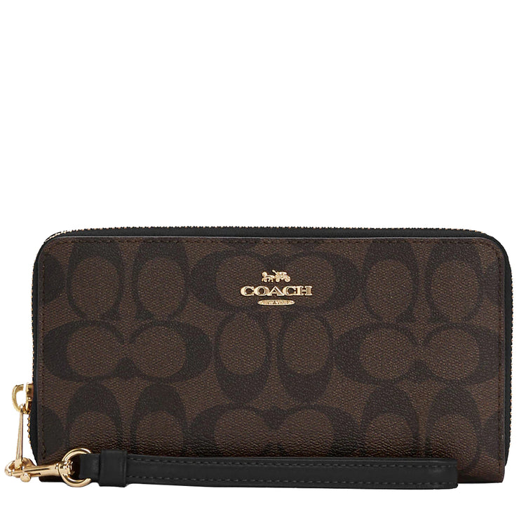 Coach Long Zip Around Wallet In Signature Canvas in Brown/ Black C4452