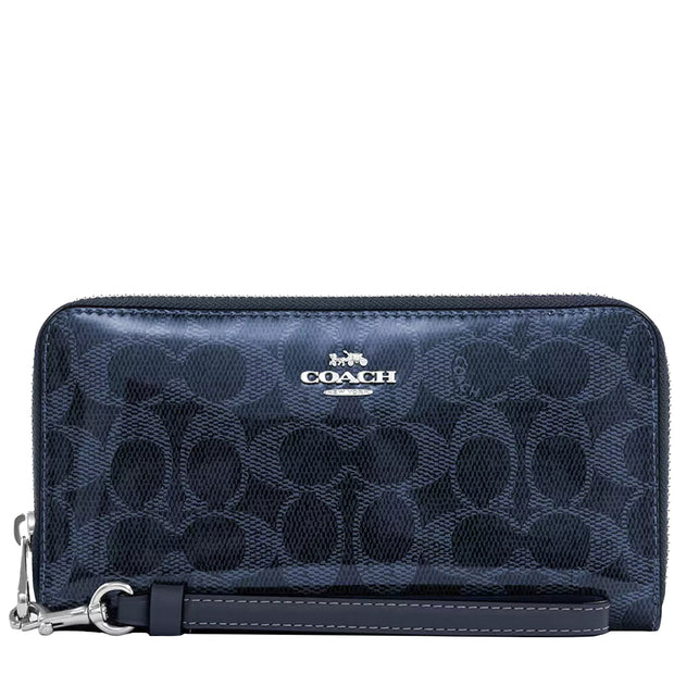 Front View of Coach Long Zip Around Wallet In Signature Canvas - Dark Denim CAO78