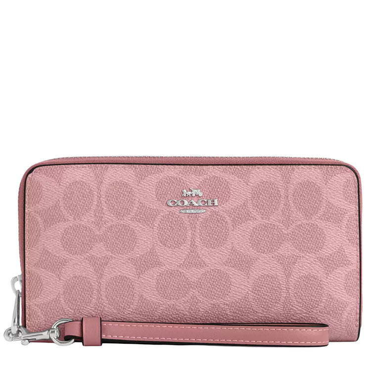 Front View of Coach Long Zip Around Wallet In Signature Canvas - Dusty Pink CW778